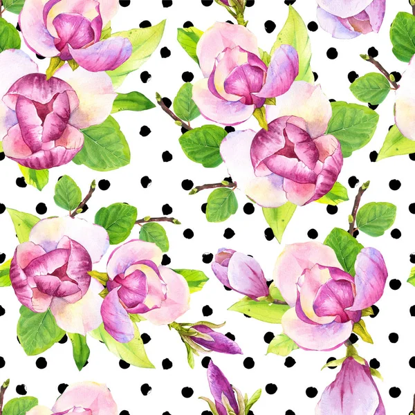 Fundo sem costura primavera com magnólia aquarela. Padrão roxo floral com flores realistas em bolinhas fundo para o seu design e decoração. — Fotografia de Stock