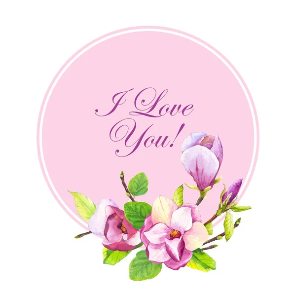 Fjäderram med akvarell magnolia. Blommig lila illustrationer med realistiska blommor på vit bakgrund för din design och inredning. — Stockfoto
