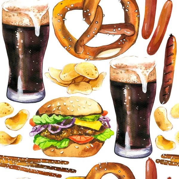 Latar belakang mulus dengan bir dan makanan ringan dalam gaya cat air. Ilustrasi pola gambar tangan pada warna putih. Makanan oktoberfest tradisional. Menu pub. — Stok Foto