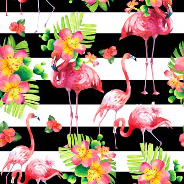 Çizgili arka planda suluboya dikişsiz desen. Pembe flamingo ve tropikal bitkiler ile İllüstrasyon. Cennet kuşu.