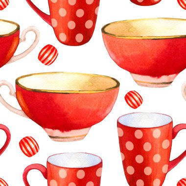Kusursuz arka plan. Beyaz üzerinde çay partisi deseni. Komik kırmızı bardak suluboya illüstrasyon. Ambalaj tasarımı için geleneksel sıcak içecekler ile dekoratif unsurlar. Çok renkli dekor.