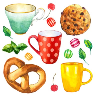 Çay partisi beyaz arka planda. Komik fincanların suluboya çizimi, şekerler, şekerler, çörek, rulo. Dekoratif unsurlar ve geleneksel sıcak içecekler. Çoklu renk dekoru.