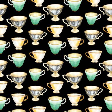 Kusursuz bir geçmişi var. Siyaha çay partisi deseni. Tuhaf fincanların suluboya çizimi. Dekoratif unsurlar ve geleneksel sıcak içecekler paketleme tasarımınız için. Çoklu renk dekoru.