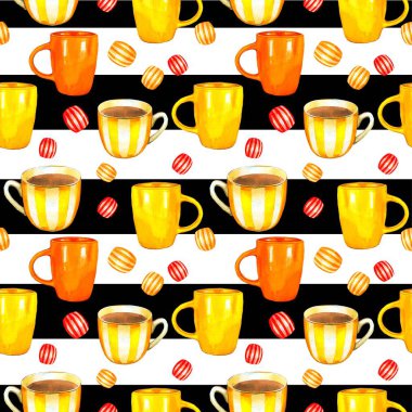 Kusursuz arka plan. Şeritler üzerinde çay partisi desen. Komik bardak suluboya illüstrasyon. Ambalaj tasarımı için geleneksel sıcak içecekler ile dekoratif unsurlar. Çok renkli dekor.