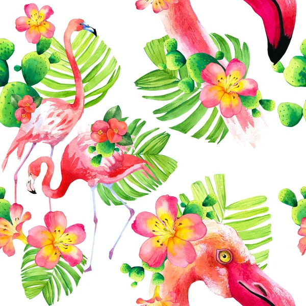 Wzór bezszwowy akwarela na białym tle. Ilustracja z różowym flamingiem i tropikalnych roślin. Rajski ptak. — Zdjęcie stockowe