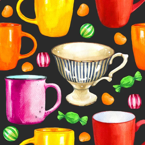 Seamless background. Tea party pattern on black. Watercolor illustration of funny cups. Decorative elements with traditional hot drinks for your packing design. Multicolor decor.