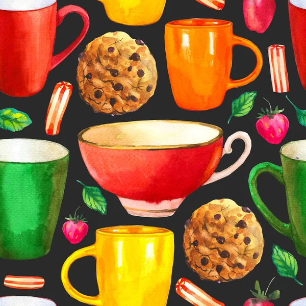 Fondo sin fisuras. Patrón de fiesta de té en negro. Ilustración en acuarela de copas divertidas. Elementos decorativos con bebidas calientes tradicionales para su diseño de embalaje. Decoración multicolor. —  Fotos de Stock