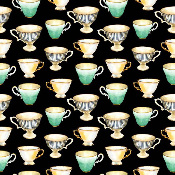 Seamless background. Tea party pattern on black. Watercolor illustration of funny cups. Decorative elements with traditional hot drinks for your packing design. Multicolor decor.