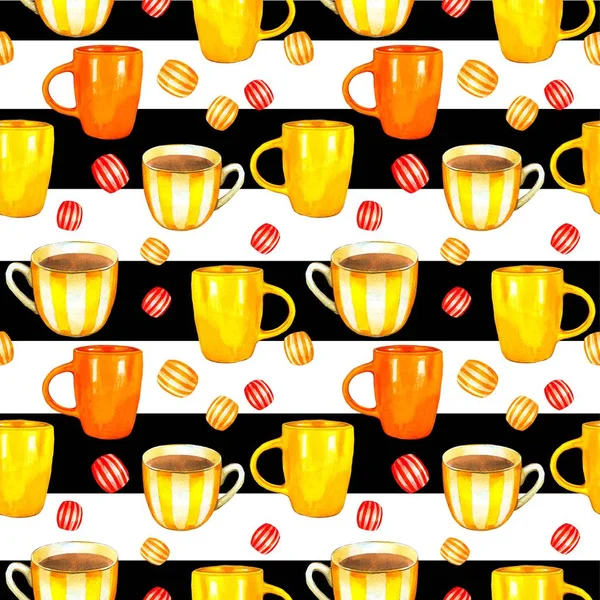 Seamless background. Tea party pattern on strips. Watercolor illustration of funny cups. Decorative elements with traditional hot drinks for your packing design. Multicolor decor.