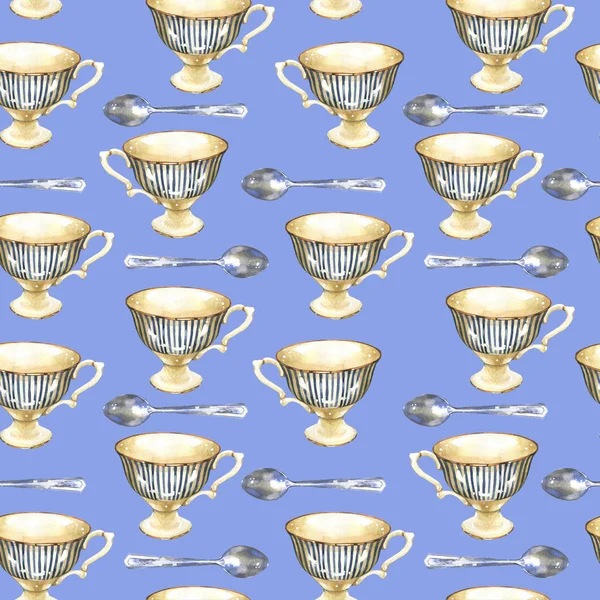 Nahtloser Hintergrund. Tea-Party-Muster auf blau. Aquarell Illustration von lustigen Tassen. Dekorative Elemente mit traditionellen Heißgetränken für Ihr Verpackungsdesign. Vielfarbiges Dekor. — Stockfoto