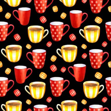 Kusursuz bir geçmişi var. Beyaz üzerine çay partisi deseni. Tuhaf fincanların suluboya çizimi. Dekoratif unsurlar ve geleneksel sıcak içecekler paketleme tasarımınız için. Çoklu renk dekoru.