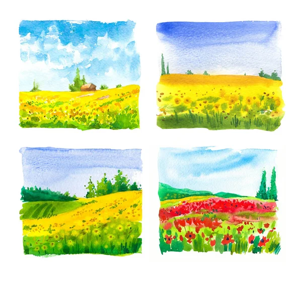 Set van aquarel illustratie met landschap zonnebloem en poppy velden. Natuur achtergrond. Biologische boerderijen. Eco Growing. Landbouw. — Stockfoto