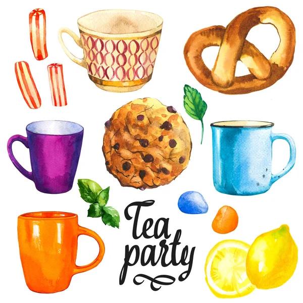 Tea party set on white background. Watercolor illustration of funny cups, sweets, candies, bun, roll. Decorative elements with traditional hot drinks for your design. Multicolor decor. — Stock Photo, Image