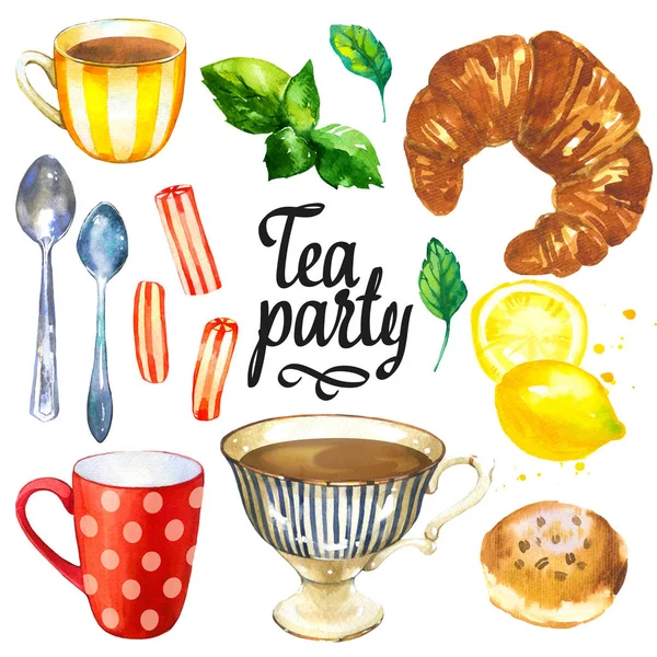 Tea party set on white background. Watercolor illustration of funny cups, sweets, candies, bun, roll. Decorative elements with traditional hot drinks for your design. Multicolor decor. — Stock Photo, Image