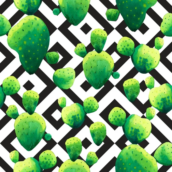 Бесшовный рисунок с акварелью тропического кактуса. Красивая иллюстрация с экзотическими зелеными листьями на черном геометрическом фоне. — стоковое фото