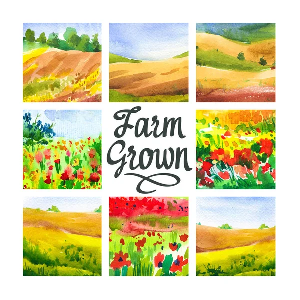 Set di illustrazione acquerello con campi paesaggistici. Sfondo naturale. Fattorie biologiche. Eco coltivazione. Agricoltura. — Foto Stock