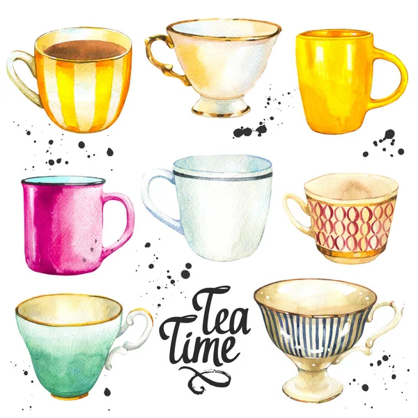 Tea Party inställt på vit bakgrund. Akvarell illustration av roliga muggar. Dekorativa element med traditionella varma drycker för din design. Flerfärgad dekor. — Stockfoto