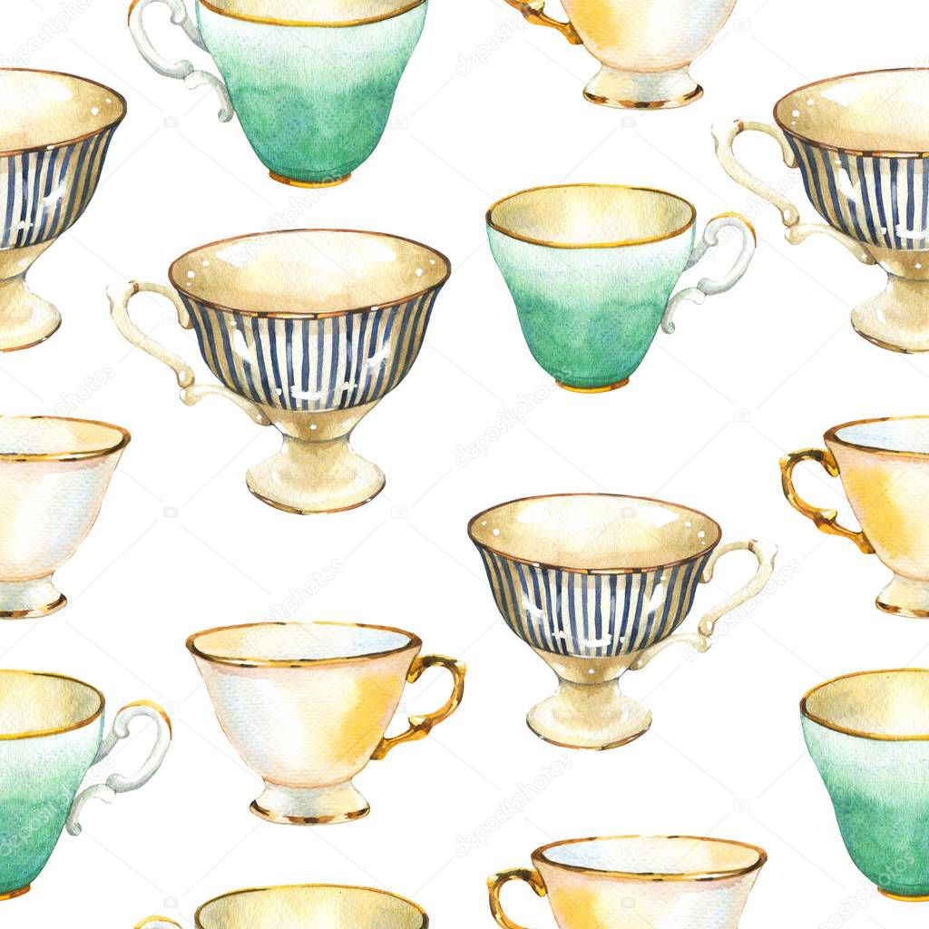Seamless background. Tea party pattern on white. Watercolor illustration of funny cups. Decorative elements with traditional hot drinks for your packing design. Multicolor decor.