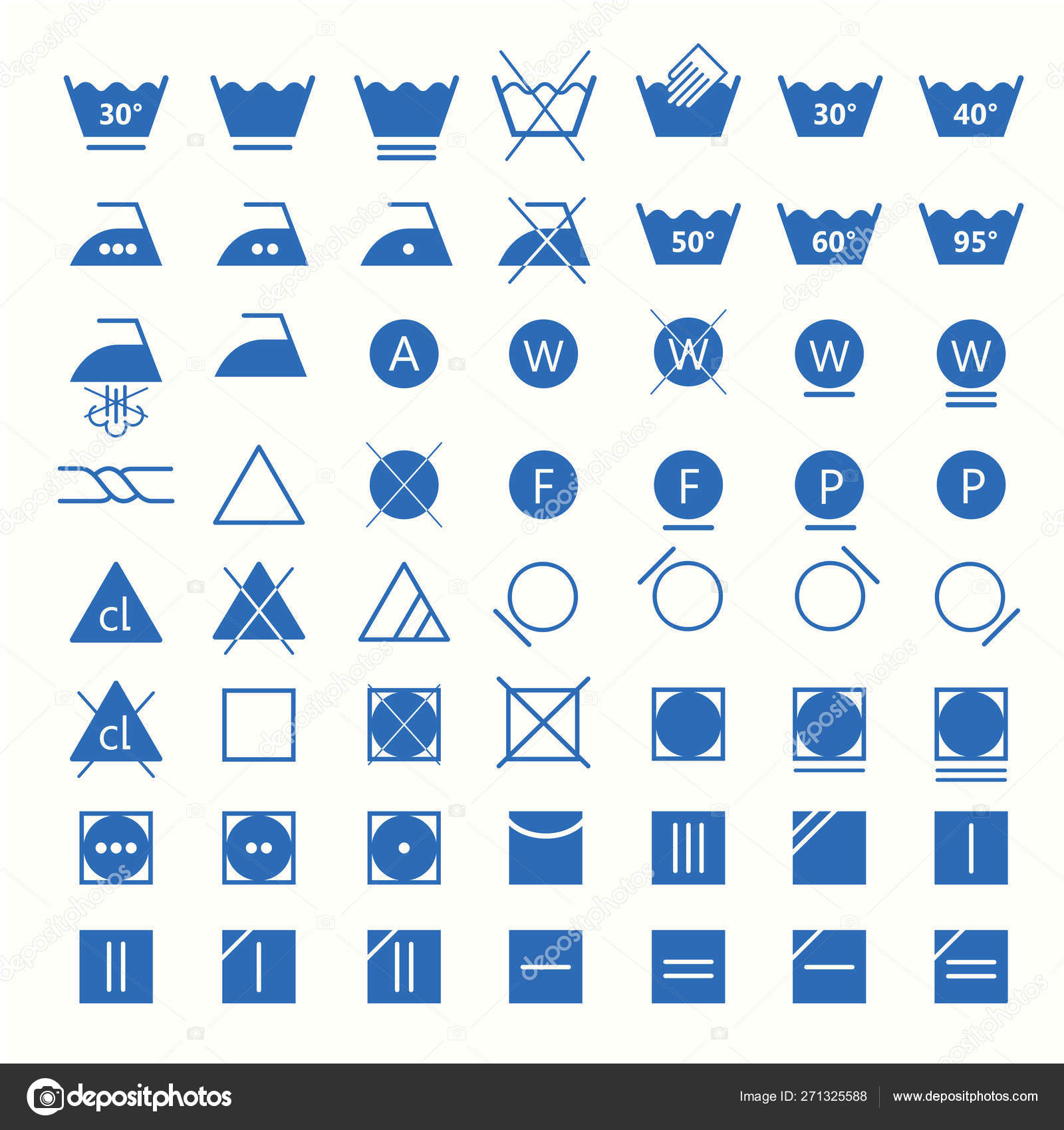 Conjunto de ícones de símbolos de lavanderia, ilustração vetorial
