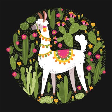 Lama ve kaktüs bitkileriyle illüstrasyon. Botanik arka planda vektör kusursuz desen. Alpaca ile tebrik kartı. Siyah üzerine yuvarlak kompozisyon.