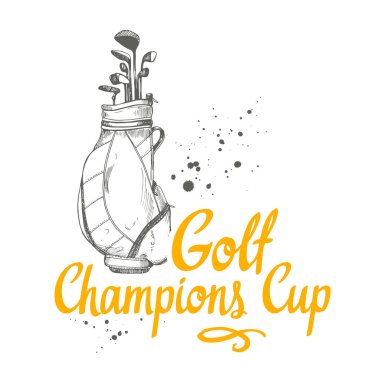 Golf çantası. Vektör kümesi çizilmiş spor malzemeleri. İllüstrasyon kroki tarzı beyaz arka plan üzerinde. Fırça hat öğeleri tasarımınız için. El yazısı mürekkep yazı.