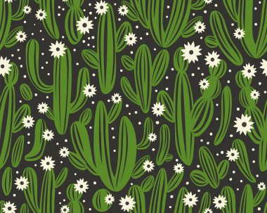 Siyah zemin üzerinde kaktüs olan kusursuz bir şekil. Yaz bitkileri, çiçekler ve yapraklar. Doğal parlak çiçekli tasarım. Botanik illüstrasyon.