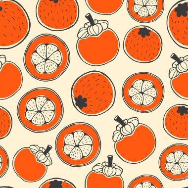 Çilek kroki ile dikişsiz doğa deseni. Mangosten ile kırmızı vektör arka plan. Tropikal gıda.