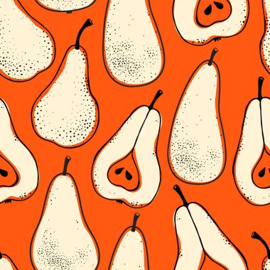 Meyve kroki ile dikişsiz doğa deseni. Armut ile kırmızı vektör arka plan. Tropikal gıda.