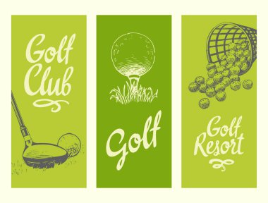 Top, backet, kulüpleri ile Golf düzeni afiş. Vektör el yapımı spor ekipmanları seti. Beyaz arka plan üzerinde çizim stilinde çizim. Tasarımınız için kaligrafi elemanlarını fırçalayın.