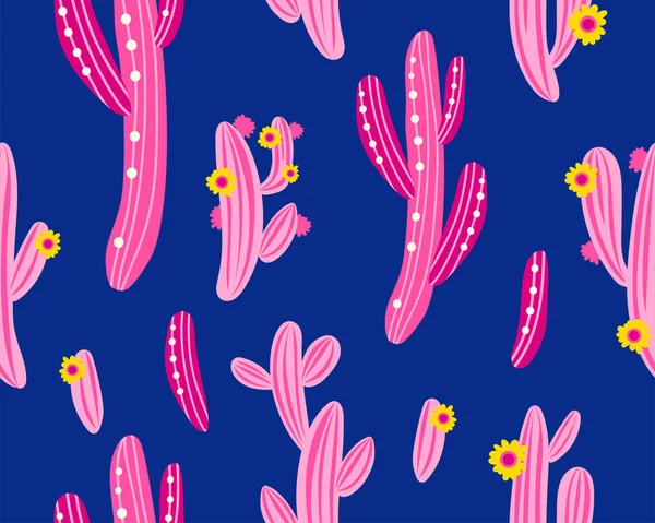 Vector seamless pattern with cactus on blue geometric background. Summer plants, flowers and leaves. Natural floral bright design. Botanical illustration. — Stock Vector