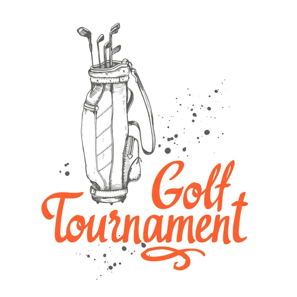 Golf tas. Vector set van hand getekende sportuitrusting. Illustratie in schets stijl op witte achtergrond. Borstel kalligrafie elementen voor uw ontwerp. Handgeschreven inkt belettering. Toernooi. — Stockvector