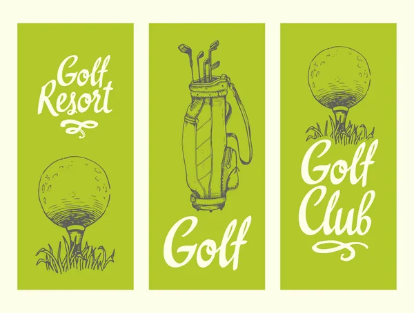 Golf layout banners med boll, Backet, väska. Vector uppsättning handritade sportutrustning. Illustration i skiss stil på vit bakgrund. Borsta kalligrafi element för din design. — Stock vektor