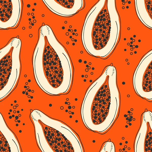 과일의 스케치와 원활한 자연 패턴. 흰색 배경에 파파야의 빨간색 벡터 그림입니다. 열대 음식. — 스톡 벡터