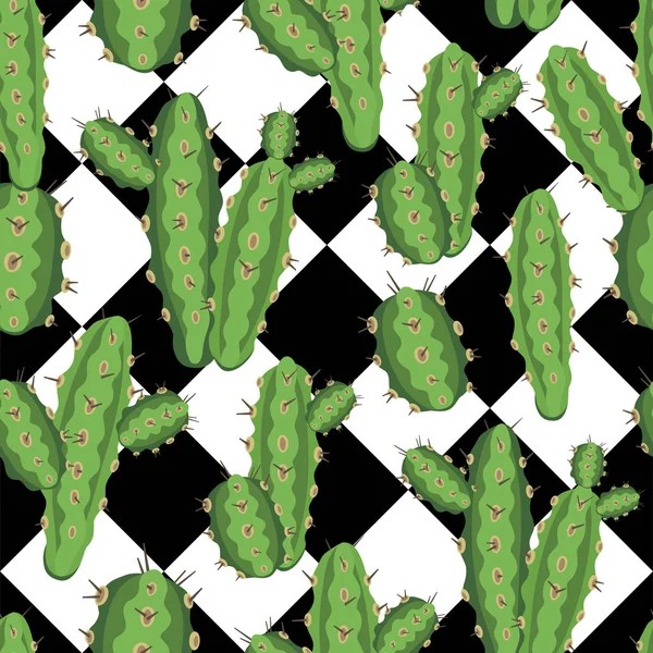 Ilustración botánica con cactus peruano. Patrón sin costura vectorial sobre fondo geométrico blanco y negro. Plantas de verano. — Archivo Imágenes Vectoriales