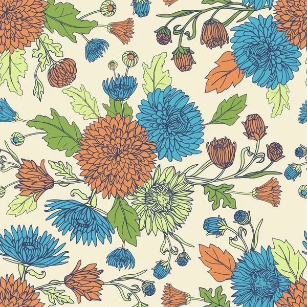 Fond sans couture avec des chrysanthèmes dans le style croquis. Beau motif de fleurs . — Image vectorielle