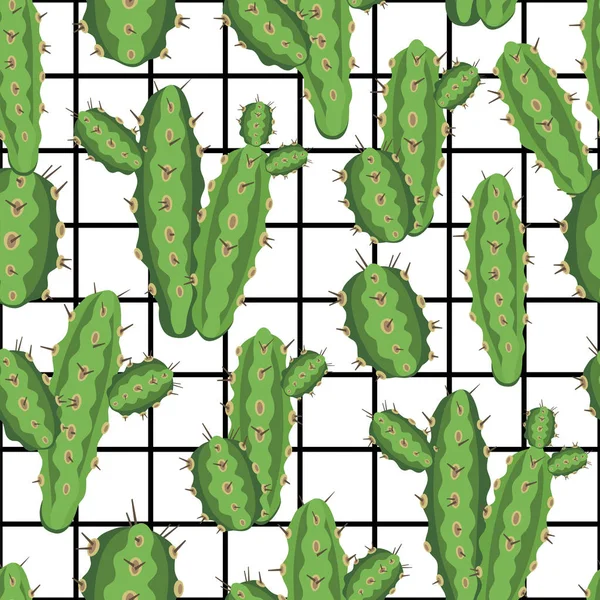 Botanische Illustration mit peruanischem Kaktus. Vektornahtloses Muster auf schwarz-weißem geometrischem Hintergrund. Sommerpflanzen. — Stockvektor
