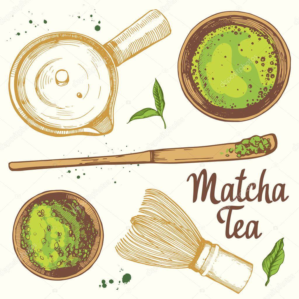 Japaneese ethnic and national tea ceremony. Matcha. Traditions of teatime. Decorative elements for your design. Vector Illustration with party symbols on white background.