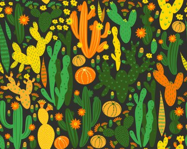 Siyah zemin üzerinde kaktüs olan kusursuz bir şekil. Yaz bitkileri, çiçekler ve yapraklar. Doğal parlak çiçekli tasarım. Botanik illüstrasyon.