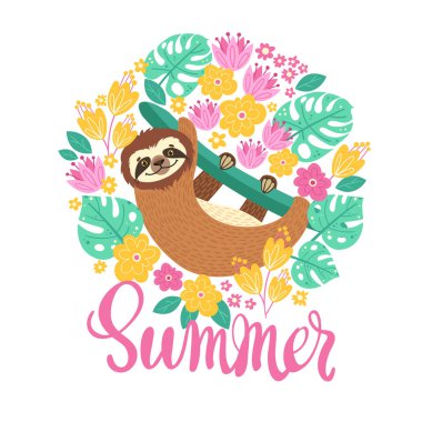 Daldaki tembellik. Beyaz arka planda yaprakları, çiçekleri ve yazıları olan vektör çizimi. Tropikal tarzda tebrik kartı.