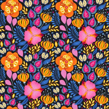 Mavi çiçek dikişsiz desen. Çiçek ve yapraklarla soyut vektör arka planı. Doğal parlak tasarım.