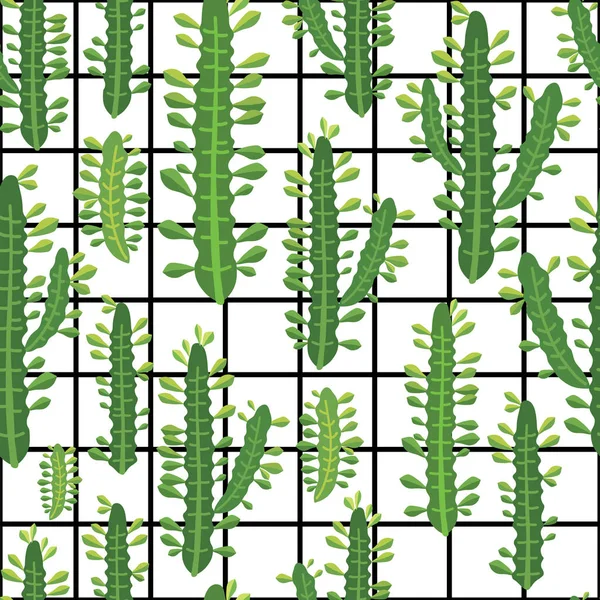 Botanická ilustrace s peruánským kaktusem. Vektorový bezproblémový vzor na černobílém geometrickém pozadí. Letní rostliny. — Stockový vektor
