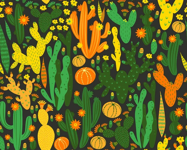 Padrão sem costura vetorial com cacto sobre fundo preto. Plantas de verão, flores e folhas. Natural floral design brilhante. Ilustração botânica. — Vetor de Stock