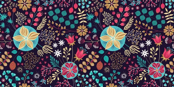 Patrón floral sin costuras en azul. Fondo vectorial abstracto con flores y hojas. Diseño brillante natural . — Archivo Imágenes Vectoriales