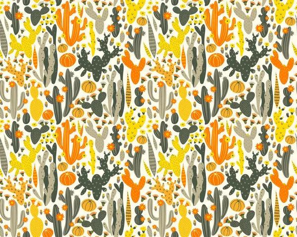 Patrón sin costura vectorial con cactus sobre fondo blanco. Plantas de verano, flores y hojas. Diseño natural floral brillante. Ilustración botánica. — Archivo Imágenes Vectoriales