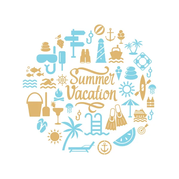 Icono conjunto de verano. Ilustraciones vectoriales con símbolos vacacionales. Composición redonda . — Vector de stock