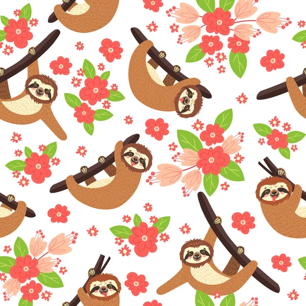 Fond sans couture avec Sloth sur la branche. Illustration vectorielle de feuilles, fleurs et ours mignon sur blanc. Modèle floral et animal. — Image vectorielle