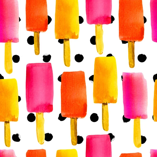 Illustration with ice pop. Colorful watercolor seamless pattern with ice cream on a stick.
