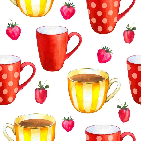 Seamless background. Tea party pattern on white. Watercolor illustration of funny cups. Decorative elements with traditional hot drinks for your packing design. Multicolor decor. — Stock Photo, Image