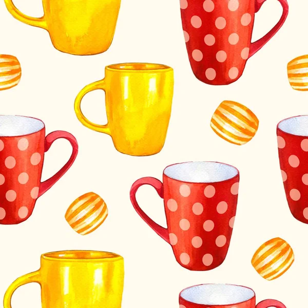 Płynne tło. Wzór na białej herbacie. Akwarelowa ilustracja zabawnych filiżanek. Elementy dekoracyjne z tradycyjnymi gorącymi napojami dla Twojego projektu opakowania. Wielokolorowy wystrój. — Zdjęcie stockowe