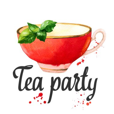 Suluboya kırmızı bardak. Beyaz arka planda çay partisi illüstrasyon. Tasarımınız için geleneksel sıcak içecekler ile dekoratif unsurlar. Çok renkli dekor.
